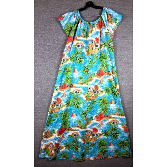 Hilo Hattie Vintage Dress Medium Blue MuMu Palm Tree Boat Island Maxi Resort - Picture 8 of 9